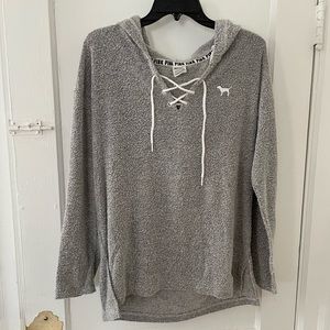 PINK Victoria Secret lightweight gray hoodie with tie up front Size M